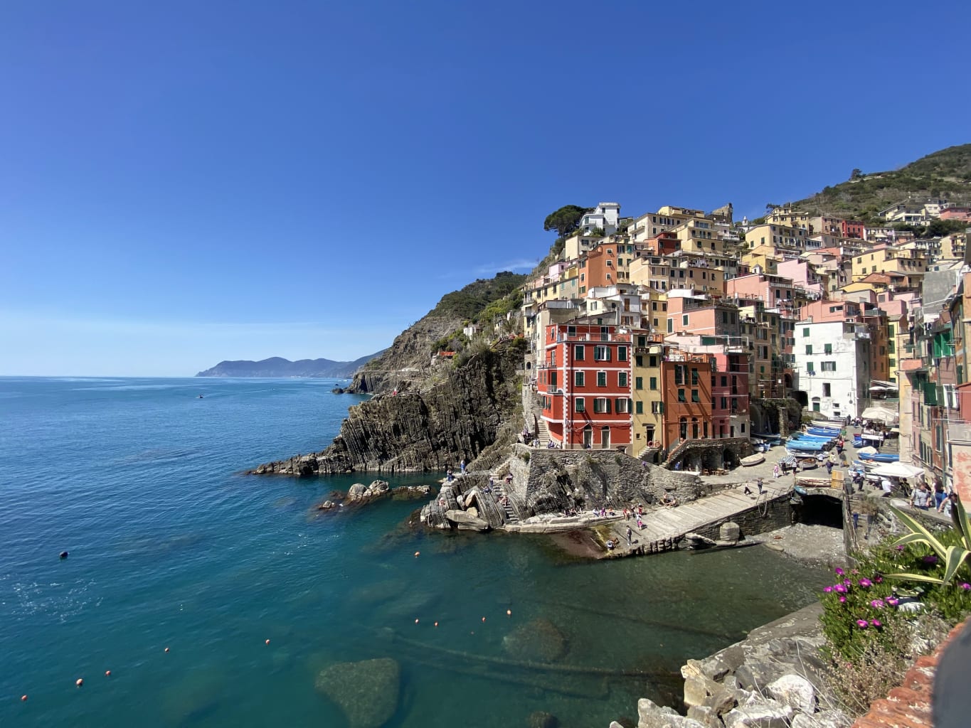Colorful buildings on a seaside coast in Italy.